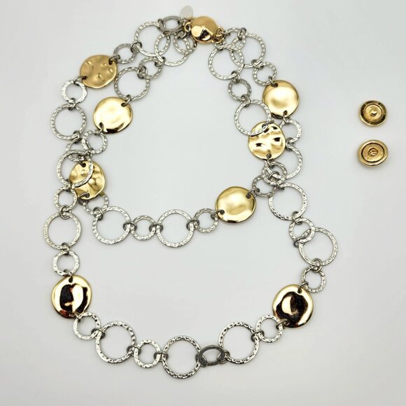 Chico's Long Textured Gold Disc and Silver Link Necklace - Picture 4 of 5